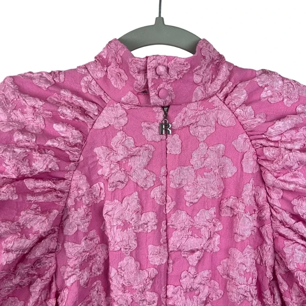 Textured Pink Puff-Sleeve Mini Dress - Picture 7 of 16